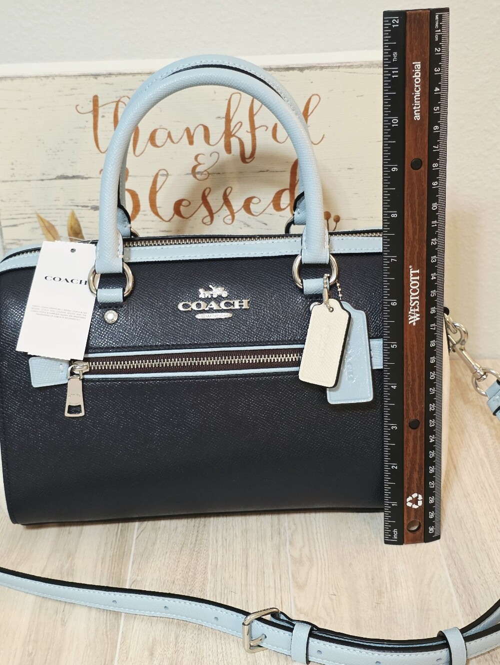 Coach RARE Rowan Colorblock Satchel Crossbody Purse Midnight Blue Chalk Bag - Picture 14 of 16